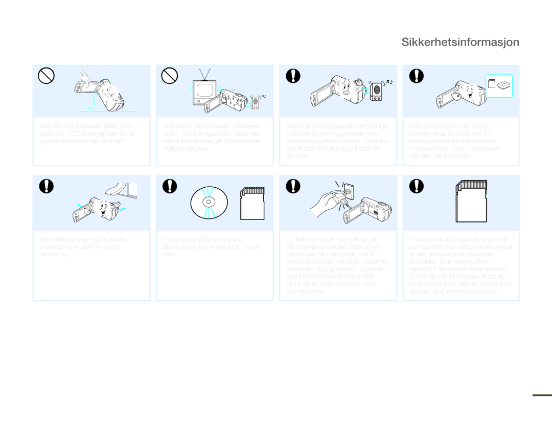 Samsung HMX-F80BP/EDC manual Sikkerhetsinformasjon 