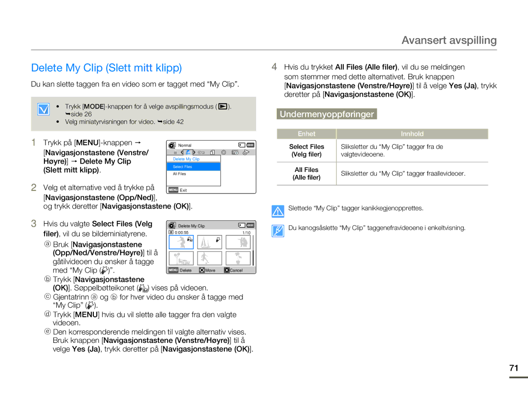 Samsung HMX-F80BP/EDC manual Delete My Clip Slett mitt klipp, Du kan slette taggen fra en video som er tagget med My Clip 