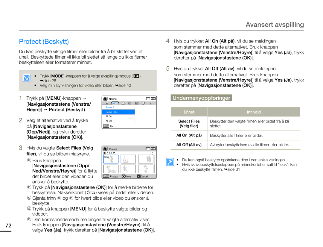 Samsung HMX-F80BP/EDC manual Protect Beskytt 