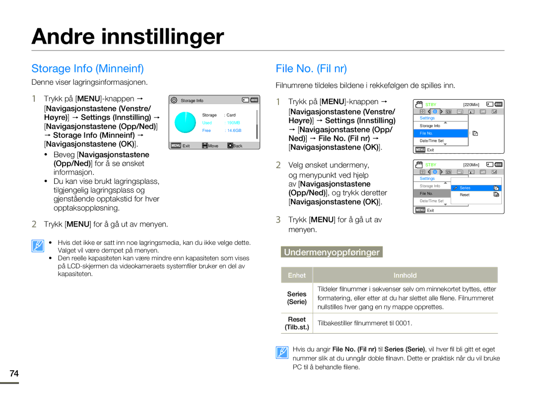 Samsung HMX-F80BP/EDC manual Andre innstillinger, Storage Info Minneinf File No. Fil nr 