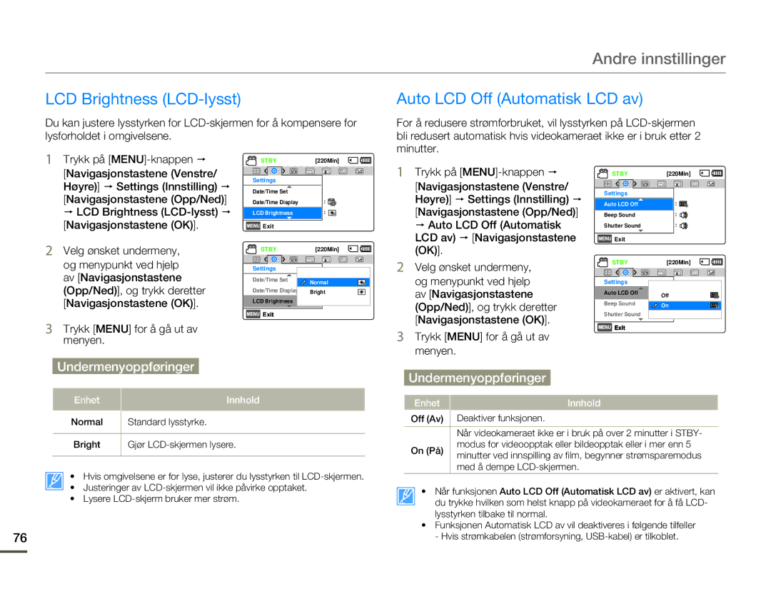Samsung HMX-F80BP/EDC manual LCD Brightness LCD-lysst, Auto LCD Off Automatisk LCD av 