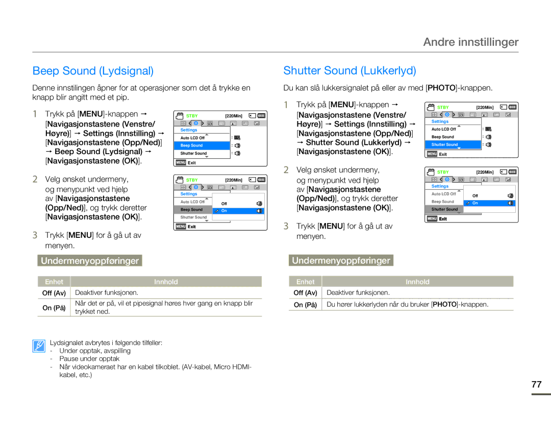 Samsung HMX-F80BP/EDC manual Beep Sound Lydsignal p, Shutter Sound Lukkerlyd p 