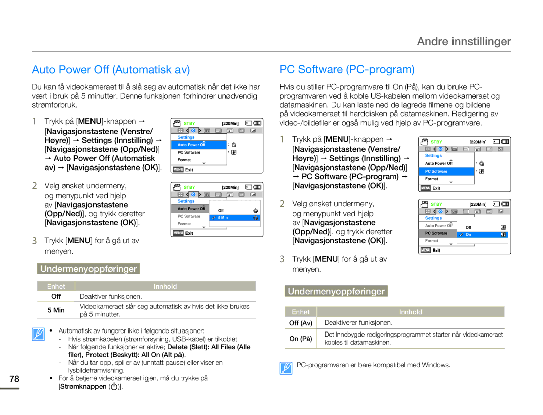Samsung HMX-F80BP/EDC manual Auto Power Off Automatisk av PC Software PC-program 
