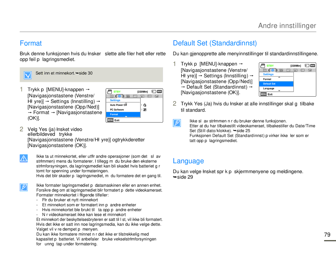 Samsung HMX-F80BP/EDC manual Format Default Set Standardinnst, Language 