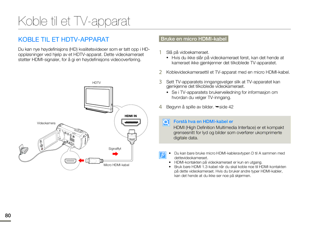 Samsung HMX-F80BP/EDC manual Koble til et TV-apparat, Koble TIL ET HDTV-APPARAT, Bruke en micro HDMI-kabel 