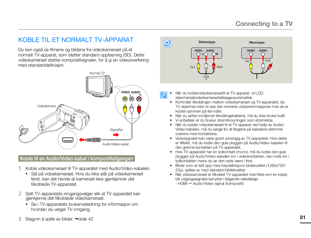 Samsung HMX-F80BP/EDC manual Connecting to a TV, Koble TIL ET Normalt TV-APPARAT 