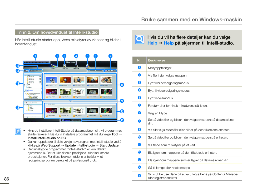 Samsung HMX-F80BP/EDC manual Trinn 2. Om hovedvinduet til Intelli-studio, Beskrivelse 