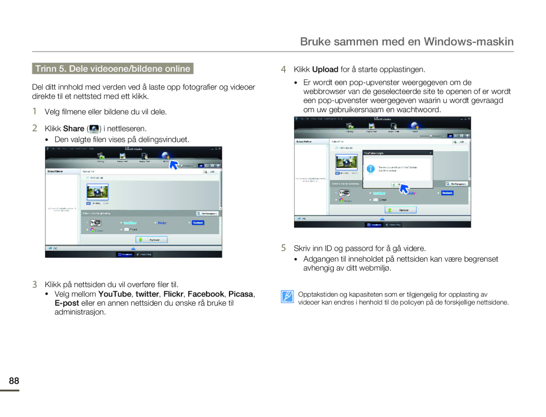 Samsung HMX-F80BP/EDC manual Trinn 5. Dele videoene/bildene online 