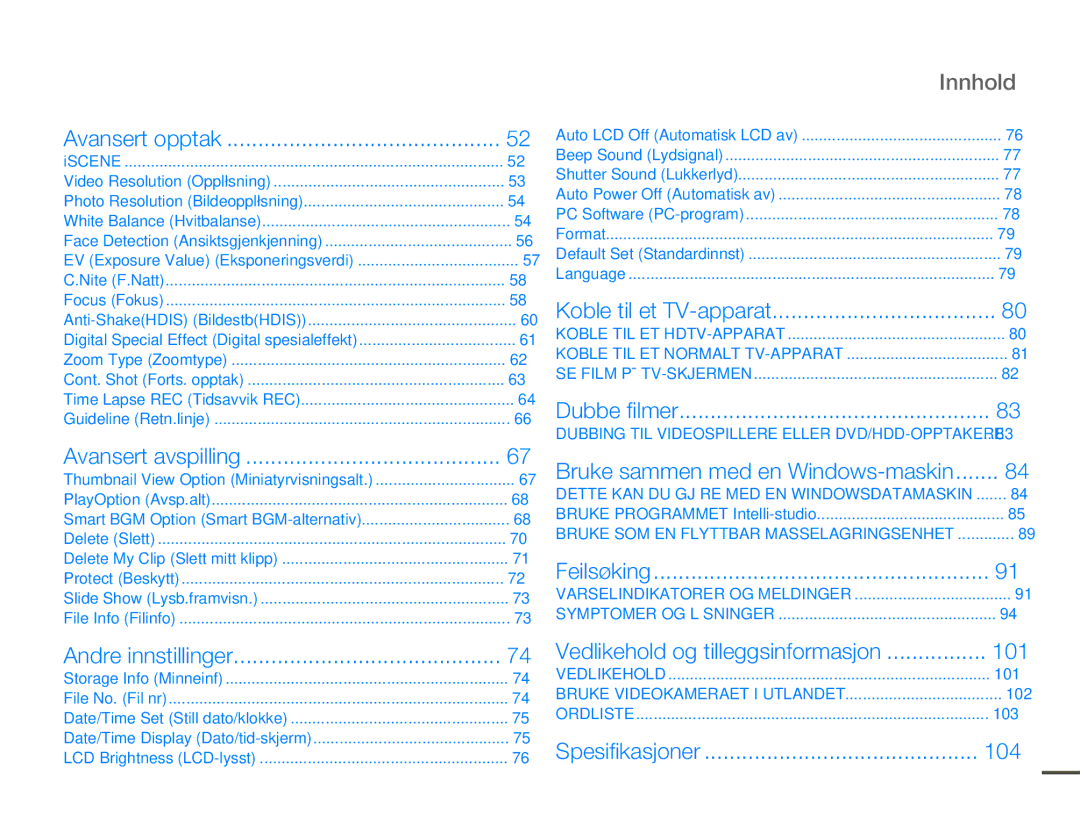 Samsung HMX-F80BP/EDC manual Innhold, 101, 104 