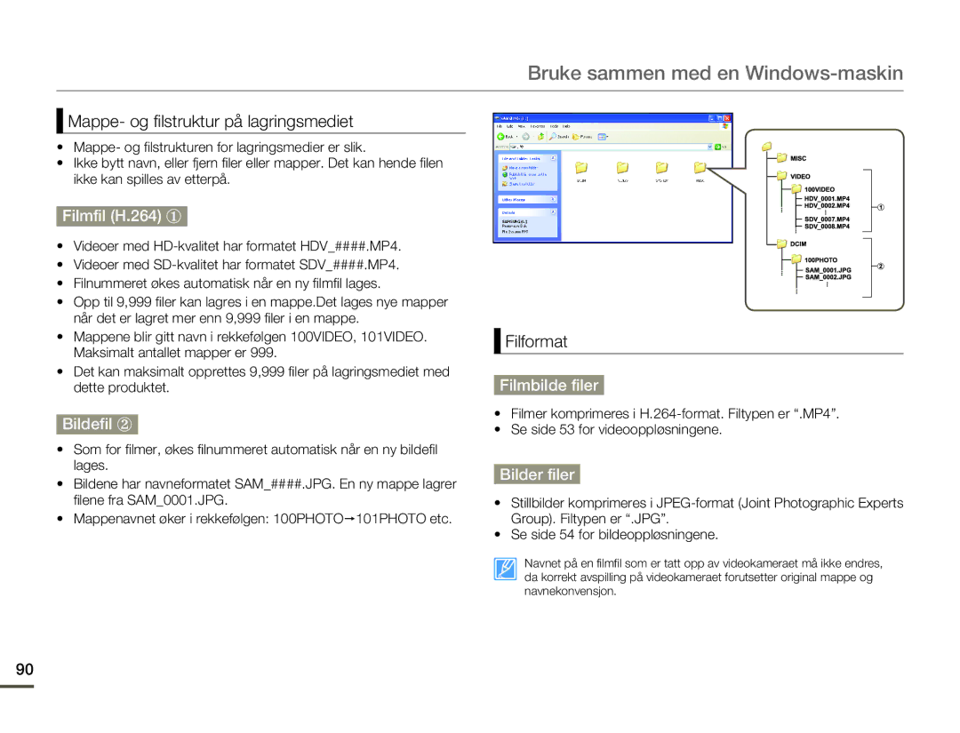 Samsung HMX-F80BP/EDC manual Filmfil H.264 y, Bildefil z, Filmbilde filer, Bilder filer 