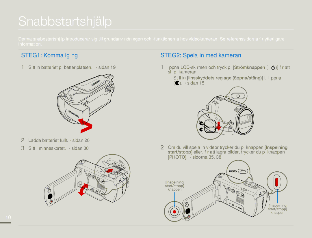 Samsung HMX-F80BP/EDC manual Snabbstartshjälp, STEG1 Komma igång 