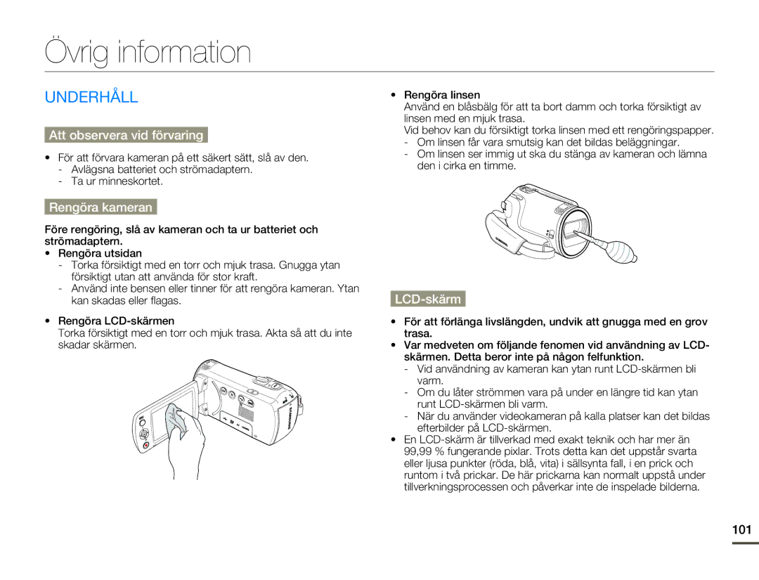 Samsung HMX-F80BP/EDC manual Övrig information, Underhåll, Att observera vid förvaring, Rengöra kameran, LCD-skärm 