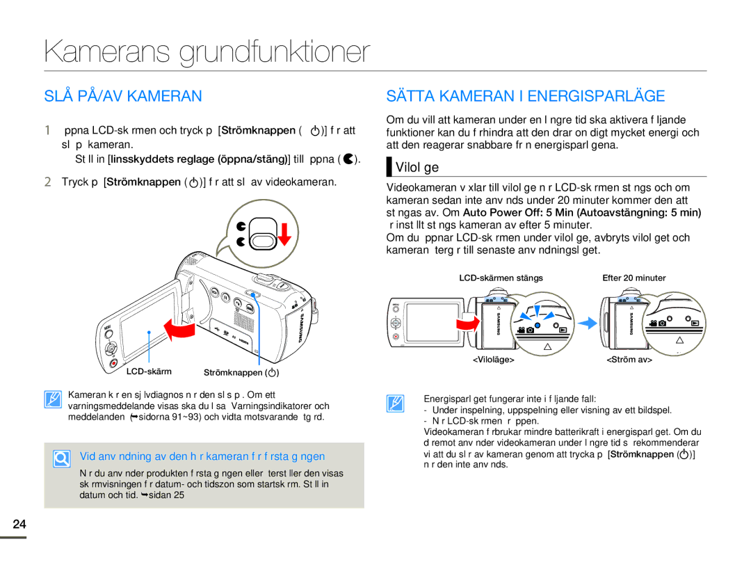 Samsung HMX-F80BP/EDC manual Kamerans grundfunktioner, SLÅ PÅ/AV Kameran, Sätta Kameran I Energisparläge, Viloläge 