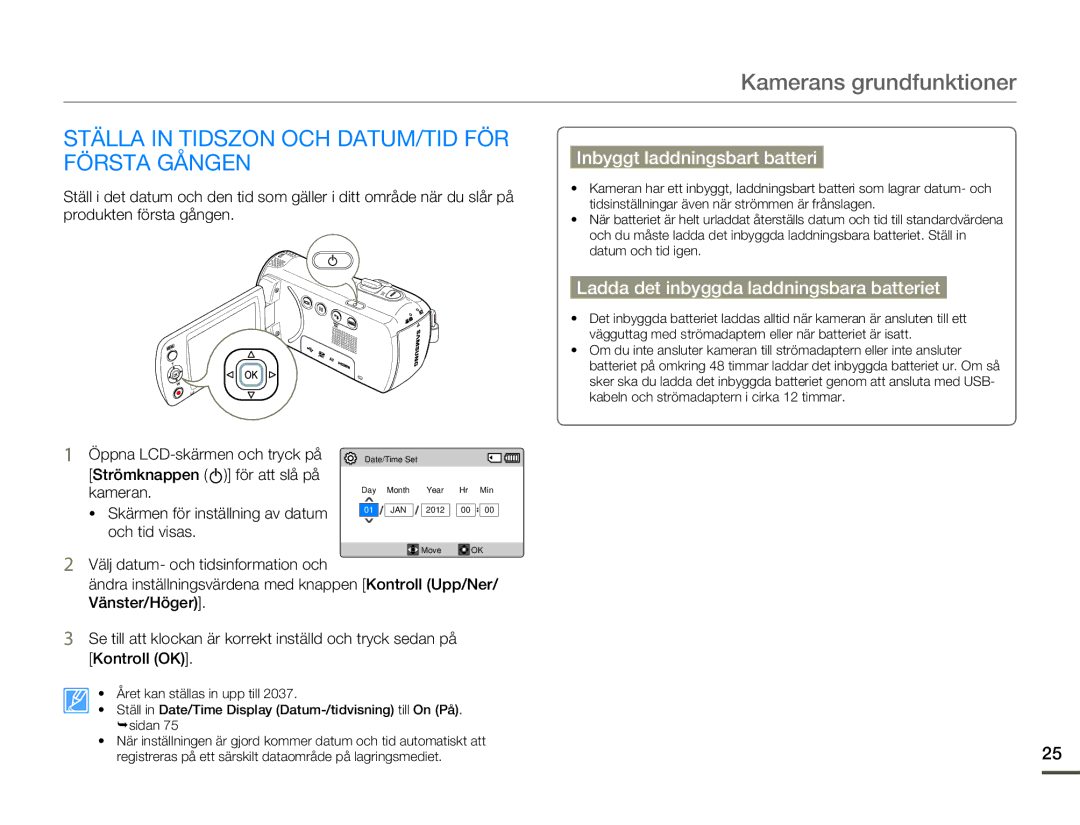 Samsung HMX-F80BP/EDC manual Kamerans grundfunktioner, Ställa in Tidszon OCH DATUM/TID FÖR Första Gången 