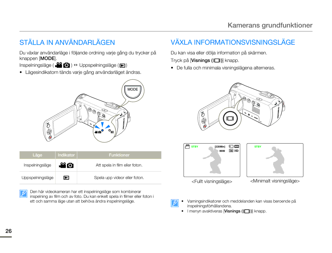 Samsung HMX-F80BP/EDC manual Ställa in Användarlägen, Växla Informationsvisningsläge, Läge Indikator Funktioner 