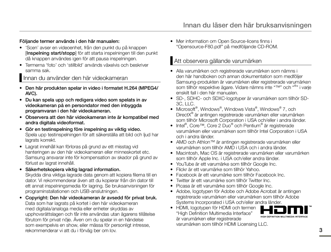 Samsung HMX-F80BP/EDC manual Innan du läser den här bruksanvisningen, Innan du använder den här videokameran 