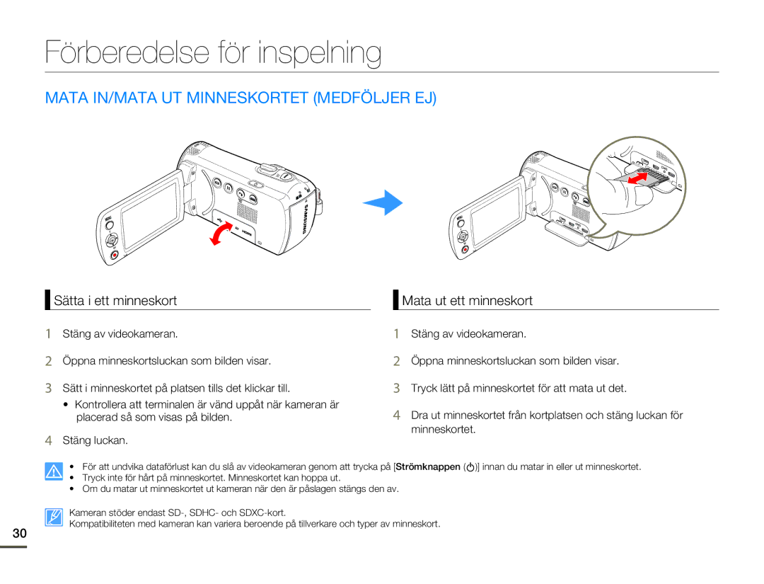 Samsung HMX-F80BP/EDC manual Förberedelse för inspelning, Mata IN/MATA UT Minneskortet Medföljer EJ, Sätta i ett minneskort 