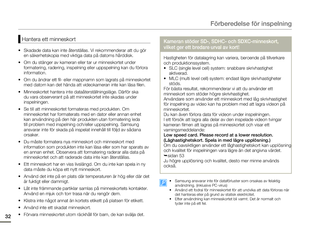 Samsung HMX-F80BP/EDC manual Hantera ett minneskort 