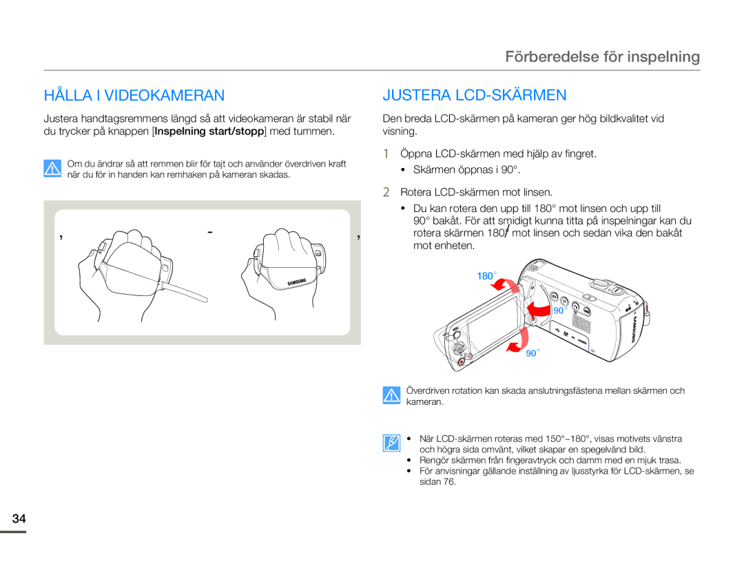 Samsung HMX-F80BP/EDC manual Hålla I Videokameran, Justera LCD-SKÄRMEN 