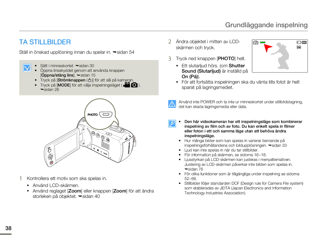 Samsung HMX-F80BP/EDC manual TA Stillbilder, Ställ in önskad upplösning innan du spelar in. ¬sidan 