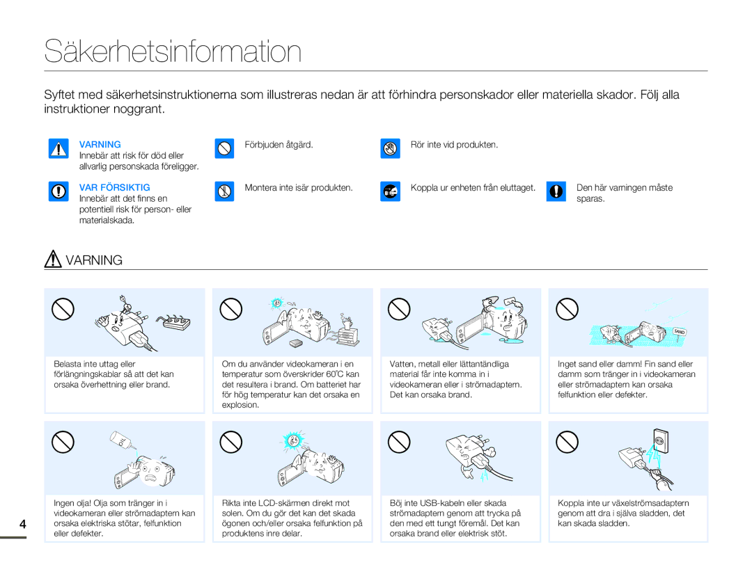 Samsung HMX-F80BP/EDC manual Säkerhetsinformation, Varning 