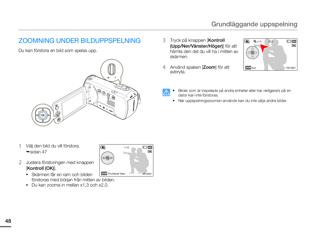 Samsung HMX-F80BP/EDC manual Zoomning Under Bilduppspelning, ¬sidan Justera förstoringen med knappen Kontroll OK 