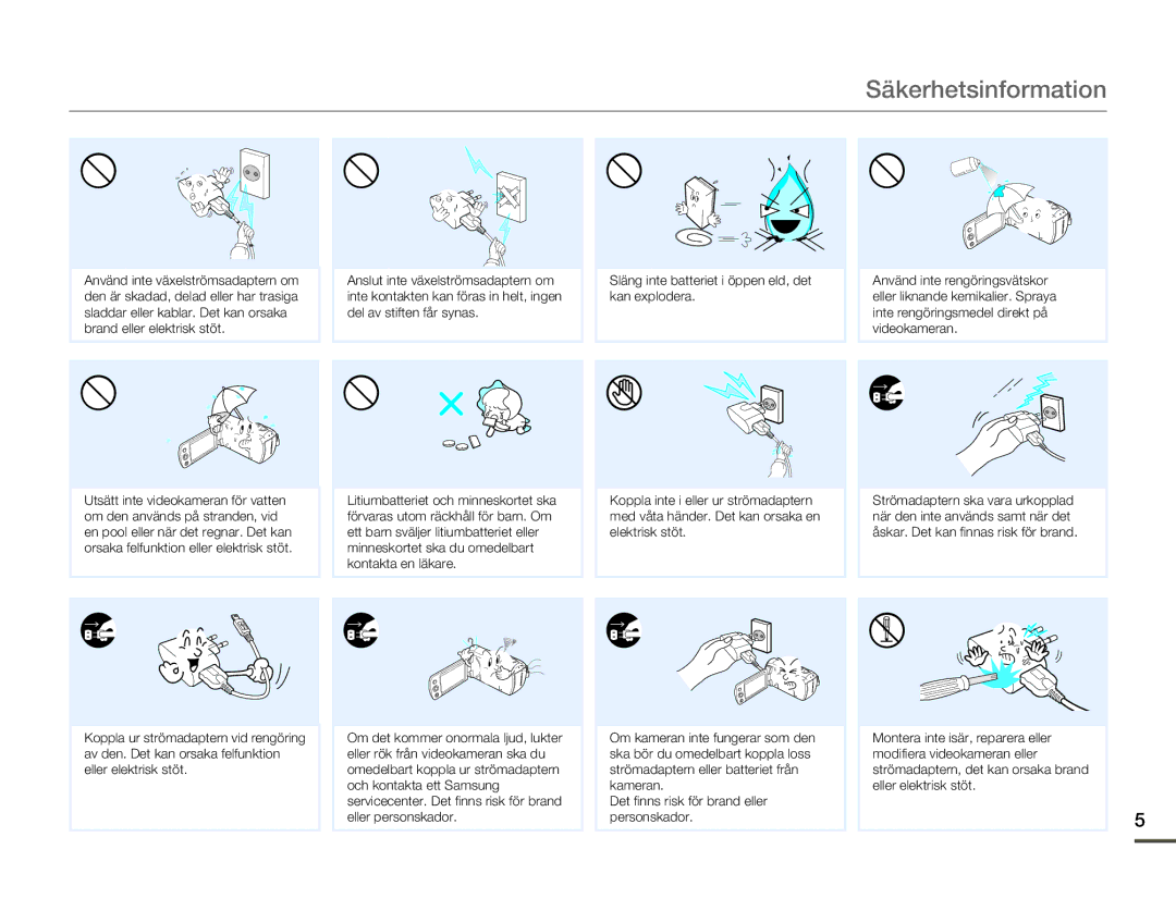 Samsung HMX-F80BP/EDC manual Säkerhetsinformation 