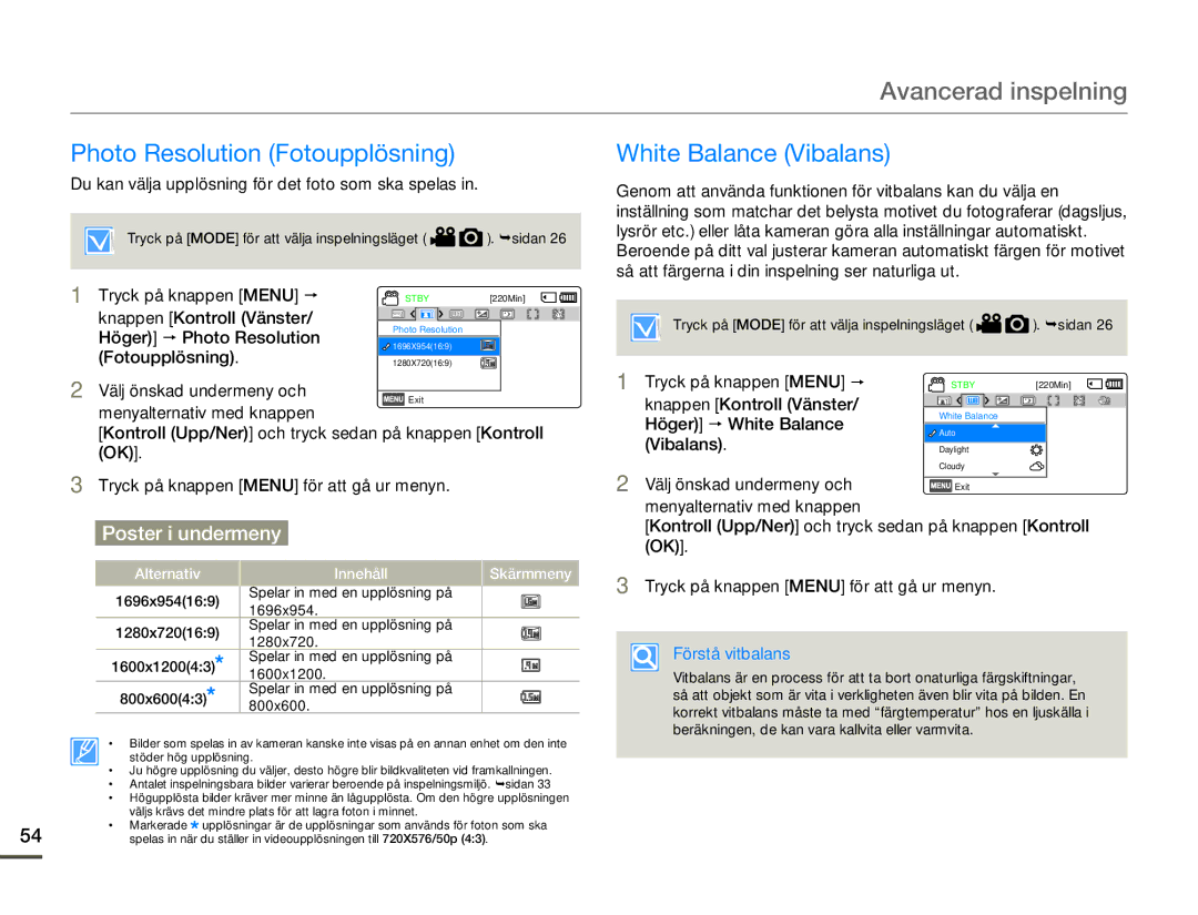 Samsung HMX-F80BP/EDC manual Photo Resolution Fotoupplösning, White Balance Vibalans, Förstå vitbalans 