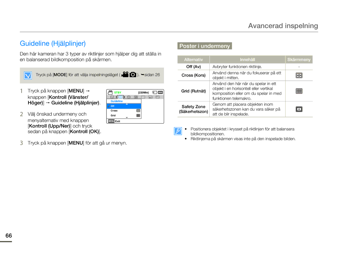 Samsung HMX-F80BP/EDC manual Knappen Kontroll Vänster Höger p Guideline Hjälplinjer 