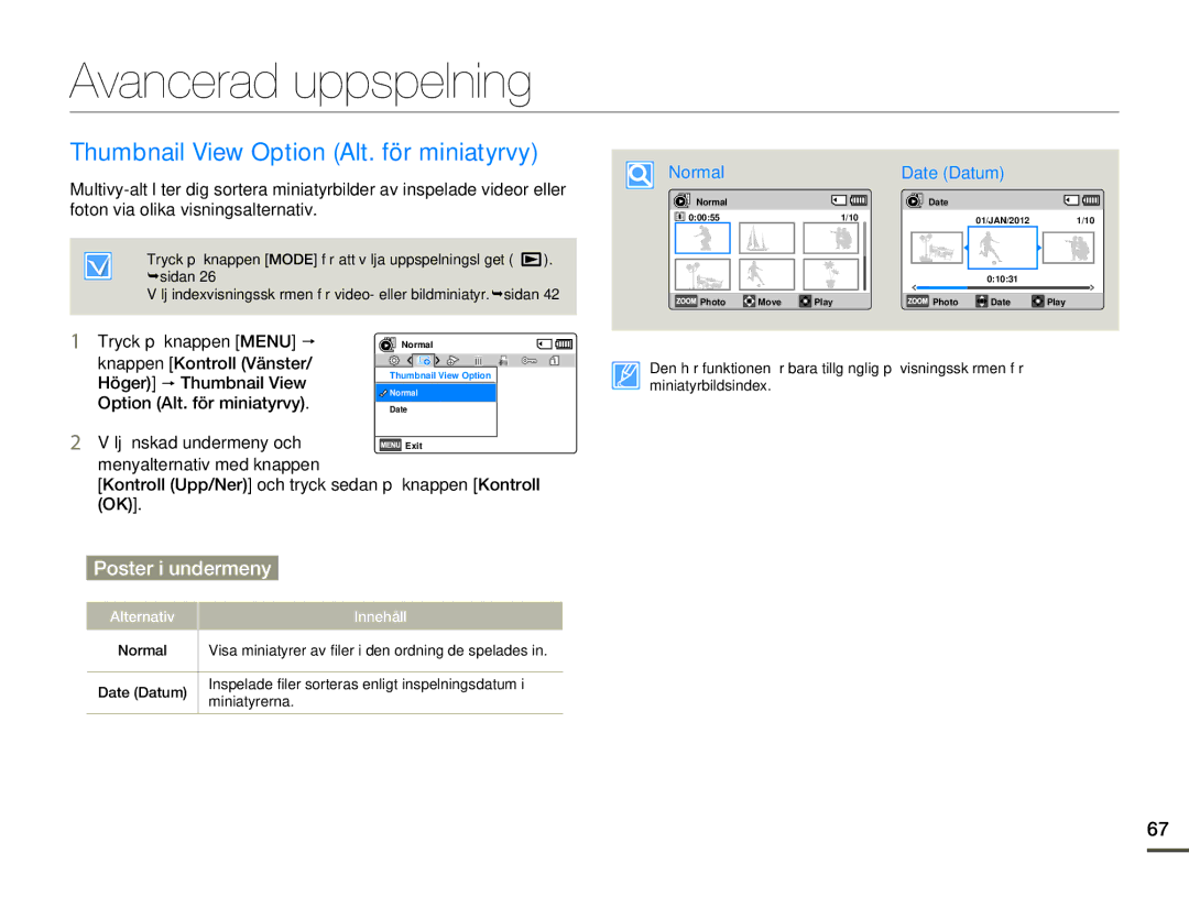 Samsung HMX-F80BP/EDC manual Avancerad uppspelning, Thumbnail View Option Alt. för miniatyrvy 