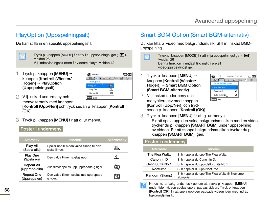 Samsung HMX-F80BP/EDC manual Avancerad uppspelning, PlayOption Uppspelningsalt, Smart BGM Option Smart BGM-alternativ 