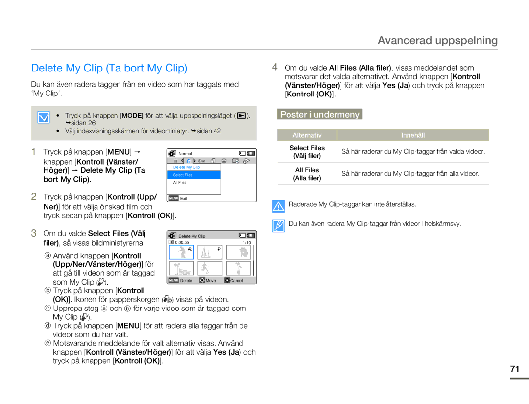 Samsung HMX-F80BP/EDC manual Delete My Clip Ta bort My Clip, Filer, så visas bildminiatyrerna 