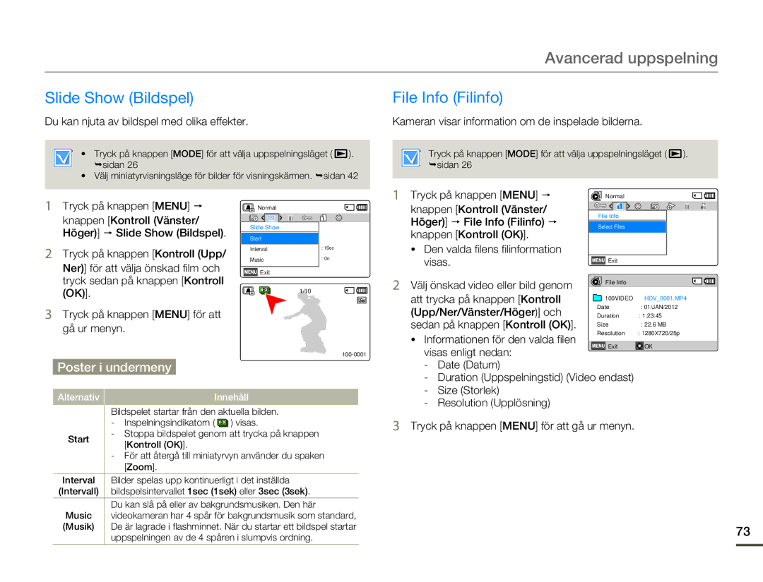 Samsung HMX-F80BP/EDC manual Slide Show Bildspel, File Info Filinfo, Du kan njuta av bildspel med olika effekter 