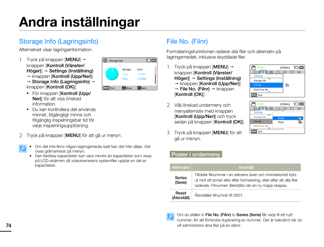 Samsung HMX-F80BP/EDC manual Andra inställningar, Storage Info Lagringsinfo, File No. Filnr 