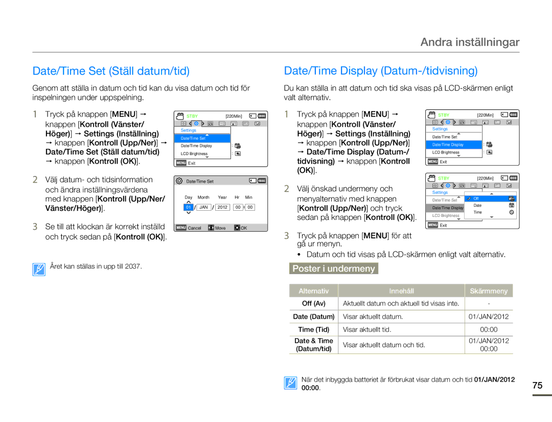 Samsung HMX-F80BP/EDC manual Andra inställningar, Date/Time Set Ställ datum/tid, Date/Time Display Datum-/tidvisning 