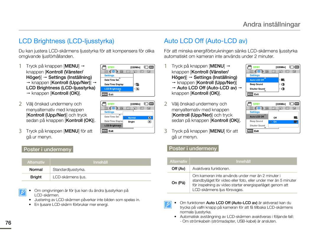 Samsung HMX-F80BP/EDC manual LCD Brightness LCD-ljusstyrka, Auto LCD Off Auto-LCD av 