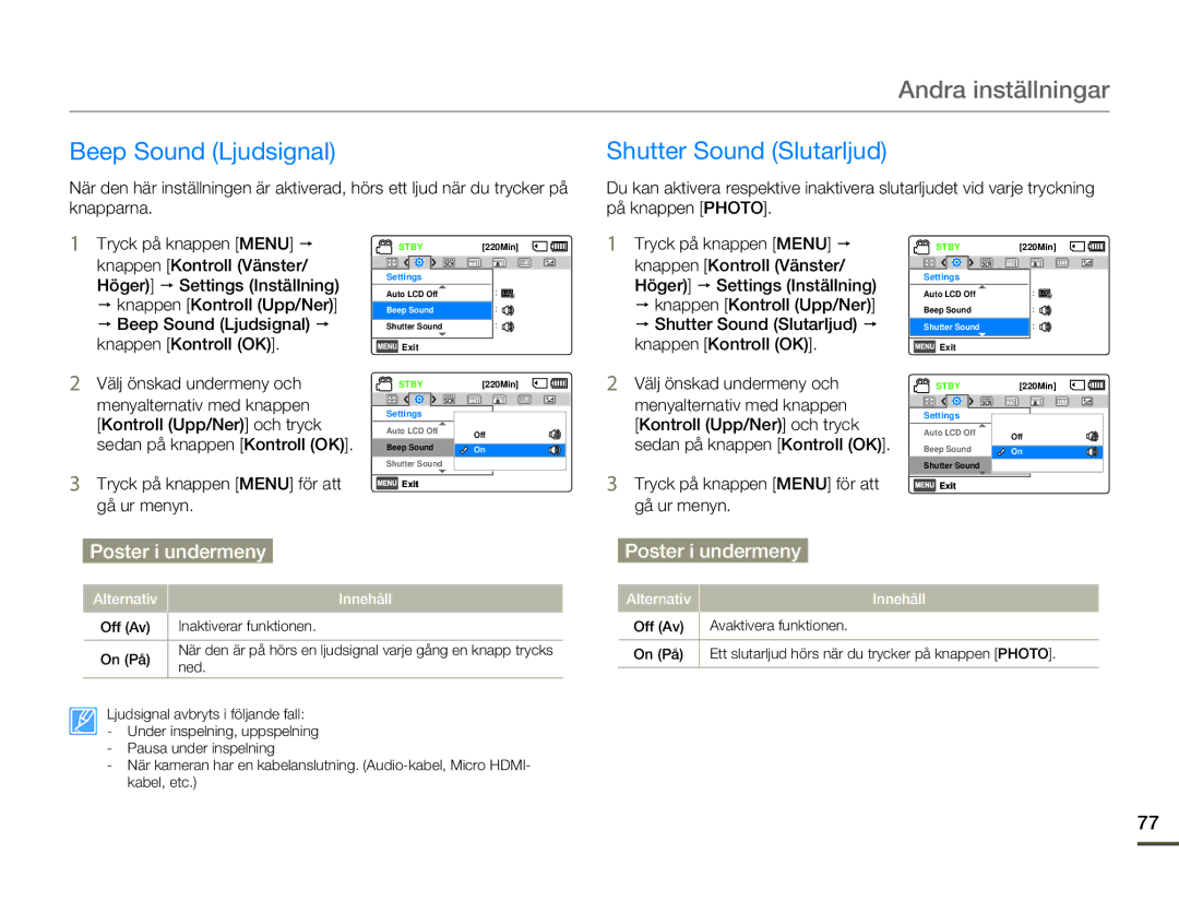 Samsung HMX-F80BP/EDC manual Beep Sound Ljudsignal, Shutter Sound Slutarljud 