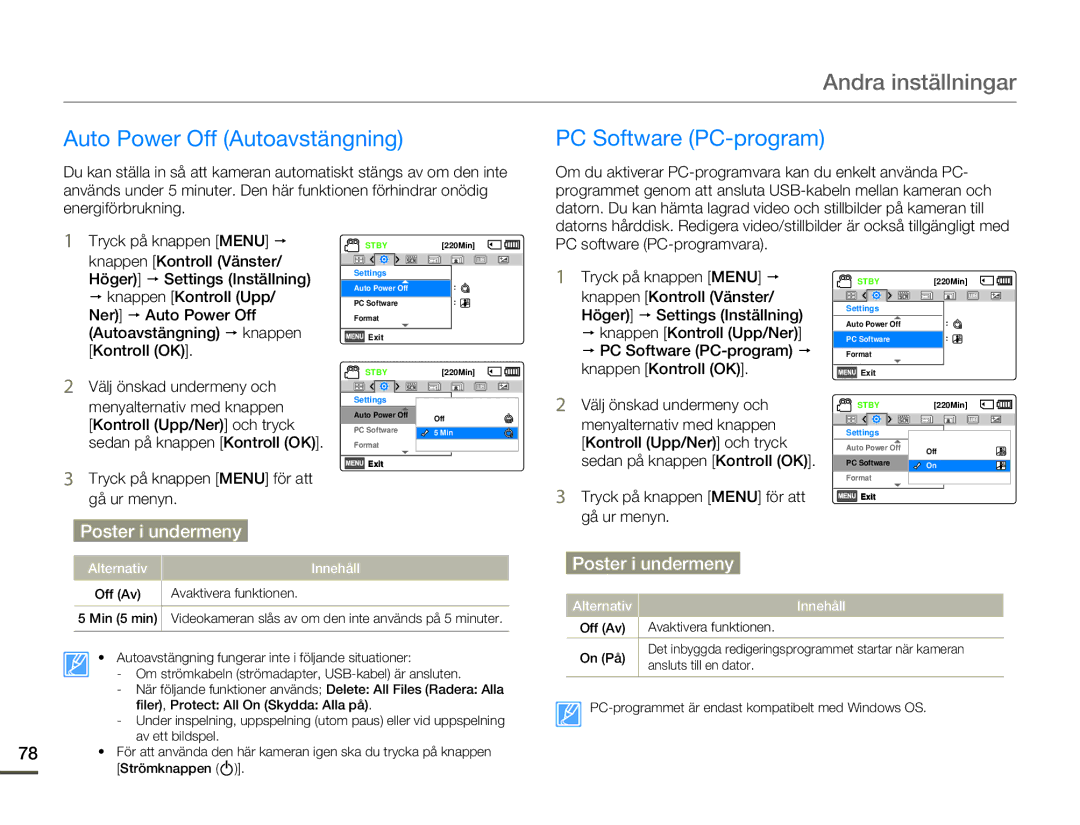 Samsung HMX-F80BP/EDC manual Auto Power Off Autoavstängning PC Software PC-program, PC software PC-programvara 