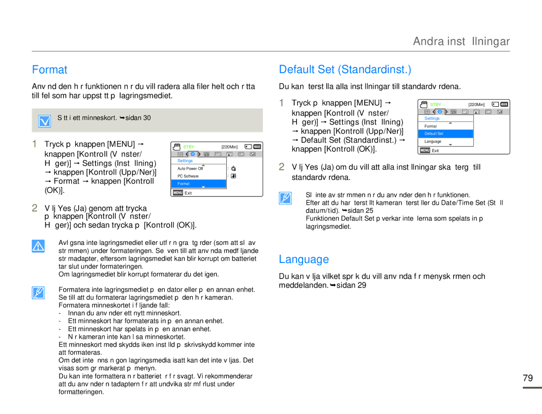 Samsung HMX-F80BP/EDC manual Format, Default Set Standardinst, Language 