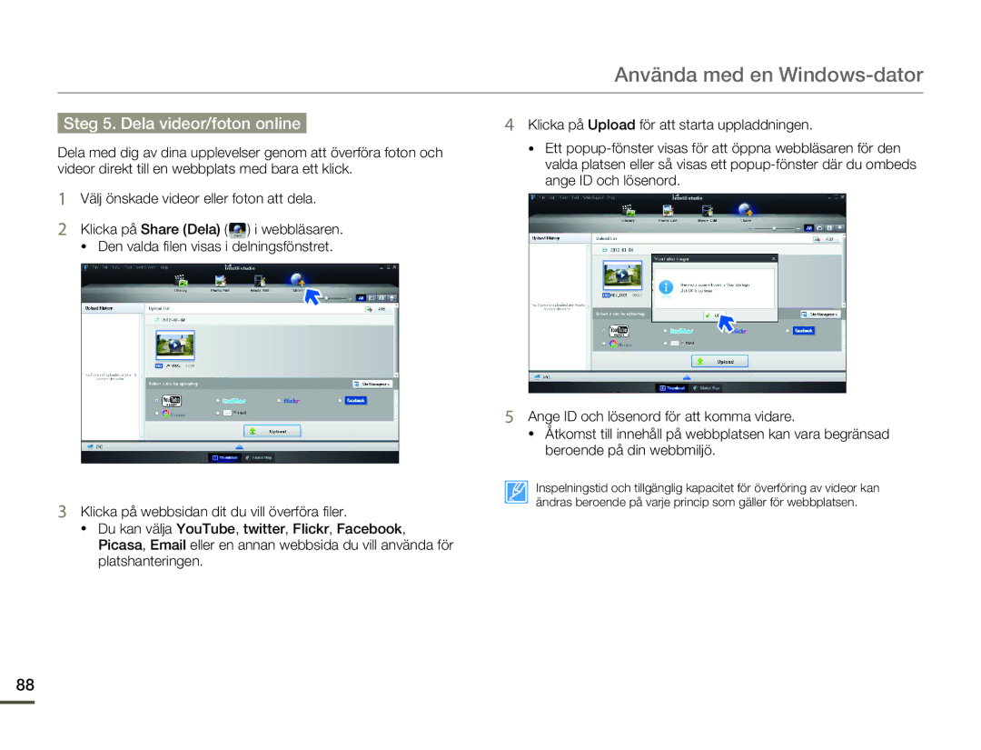 Samsung HMX-F80BP/EDC manual Steg 5. Dela videor/foton online 