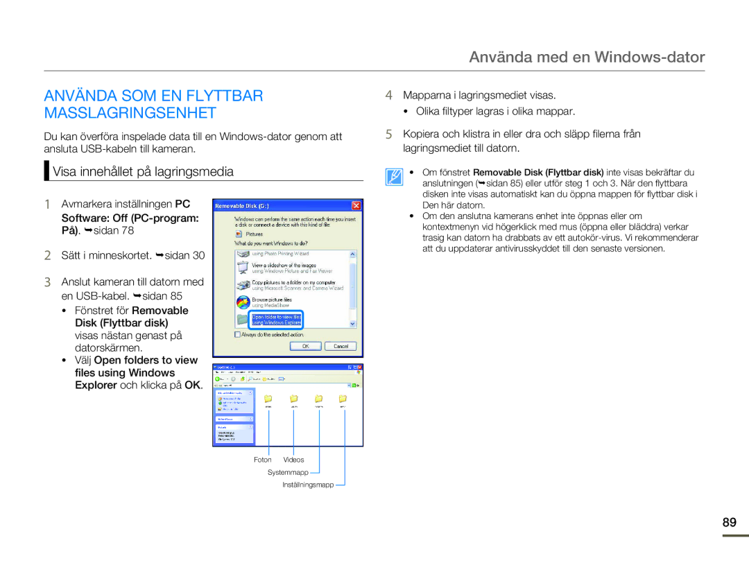 Samsung HMX-F80BP/EDC manual Använda SOM EN Flyttbar Masslagringsenhet, Visa innehållet på lagringsmedia 