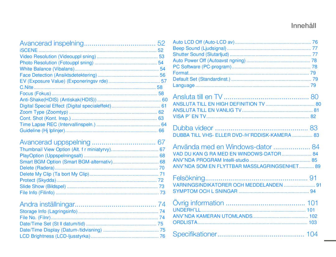 Samsung HMX-F80BP/EDC manual Innehåll, 101, 104 