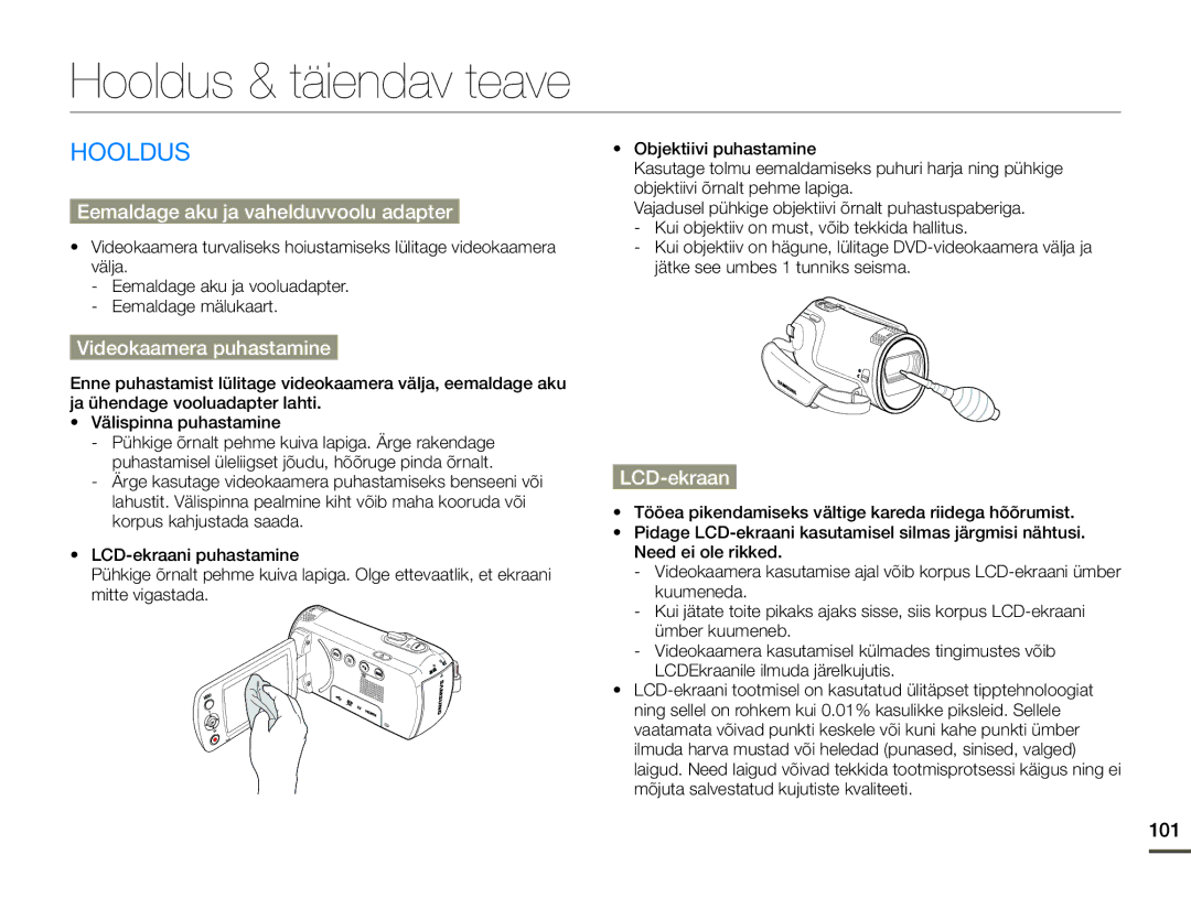 Samsung HMX-F80BP/EDC manual Hooldus & täiendav teave, Eemaldage aku ja vahelduvvoolu adapter, Videokaamera puhastamine 