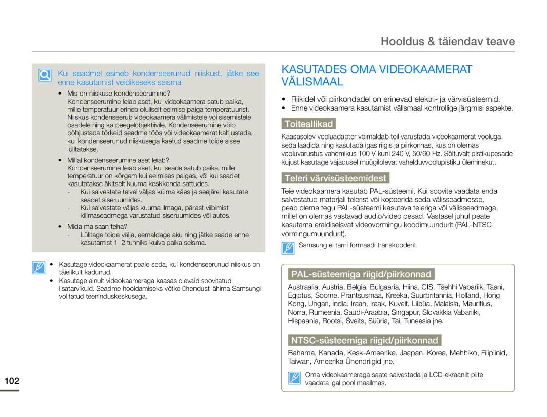 Samsung HMX-F80BP/EDC manual Hooldus & täiendav teave, Kasutades OMA Videokaamerat Välismaal 