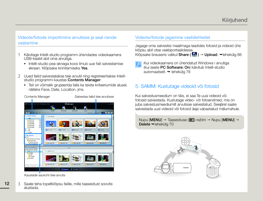 Samsung HMX-F80BP/EDC manual Samm Kustutage videoid või fotosid 