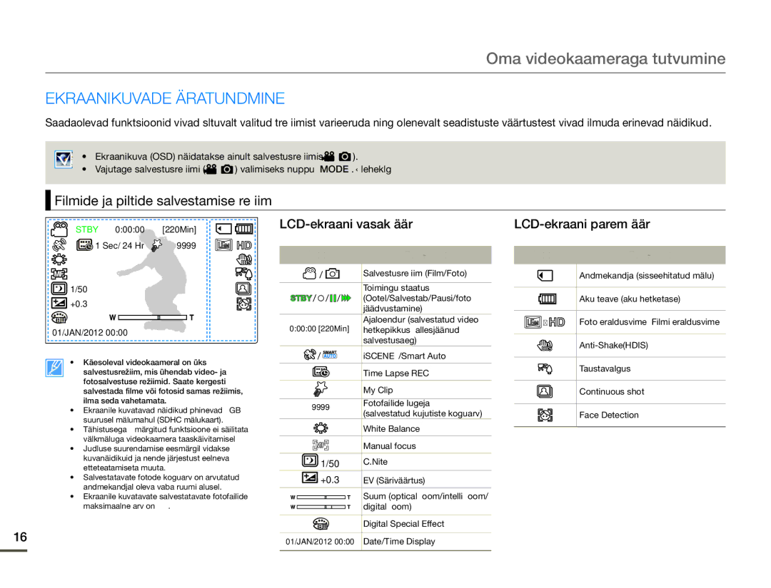 Samsung HMX-F80BP/EDC manual Ekraanikuvade Äratundmine, Filmide ja piltide salvestamise režiim 