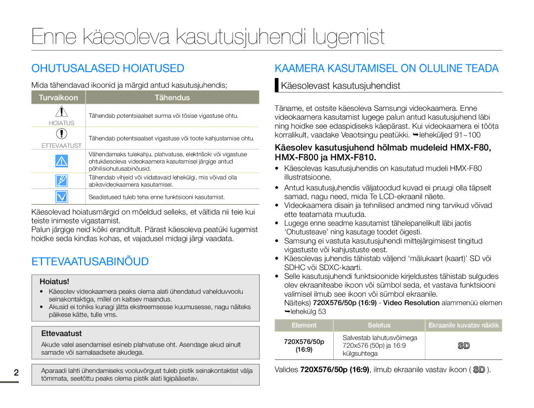 Samsung HMX-F80BP/EDC manual Enne käesoleva kasutusjuhendi lugemist, Ohutusalased Hoiatused, Ettevaatusabinõud 