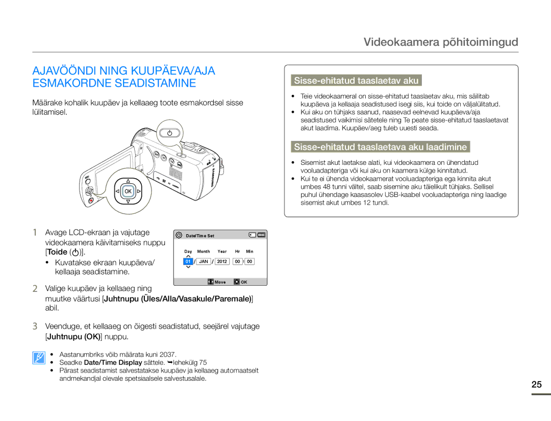 Samsung HMX-F80BP/EDC manual Videokaamera põhitoimingud, Ajavööndi Ning KUUPÄEVA/AJA Esmakordne Seadistamine 