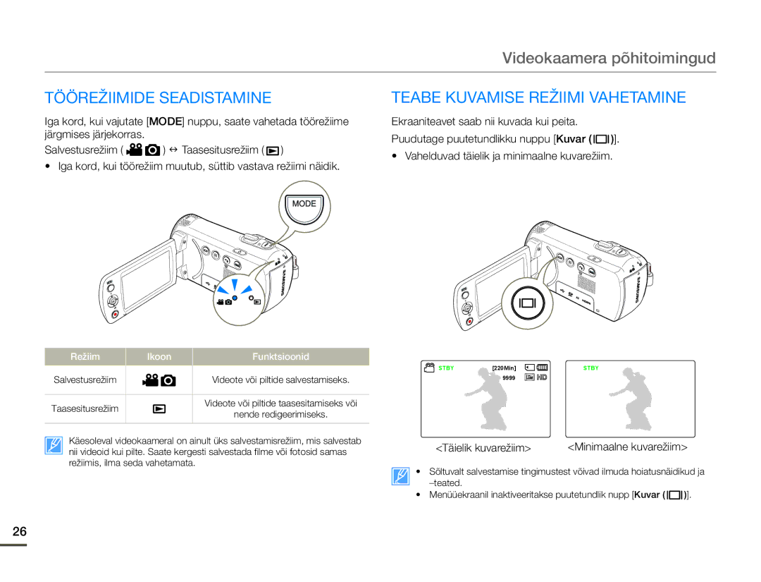 Samsung HMX-F80BP/EDC manual Töörežiimide Seadistamine, Teabe Kuvamise Režiimi Vahetamine, Täielik kuvarežiim 