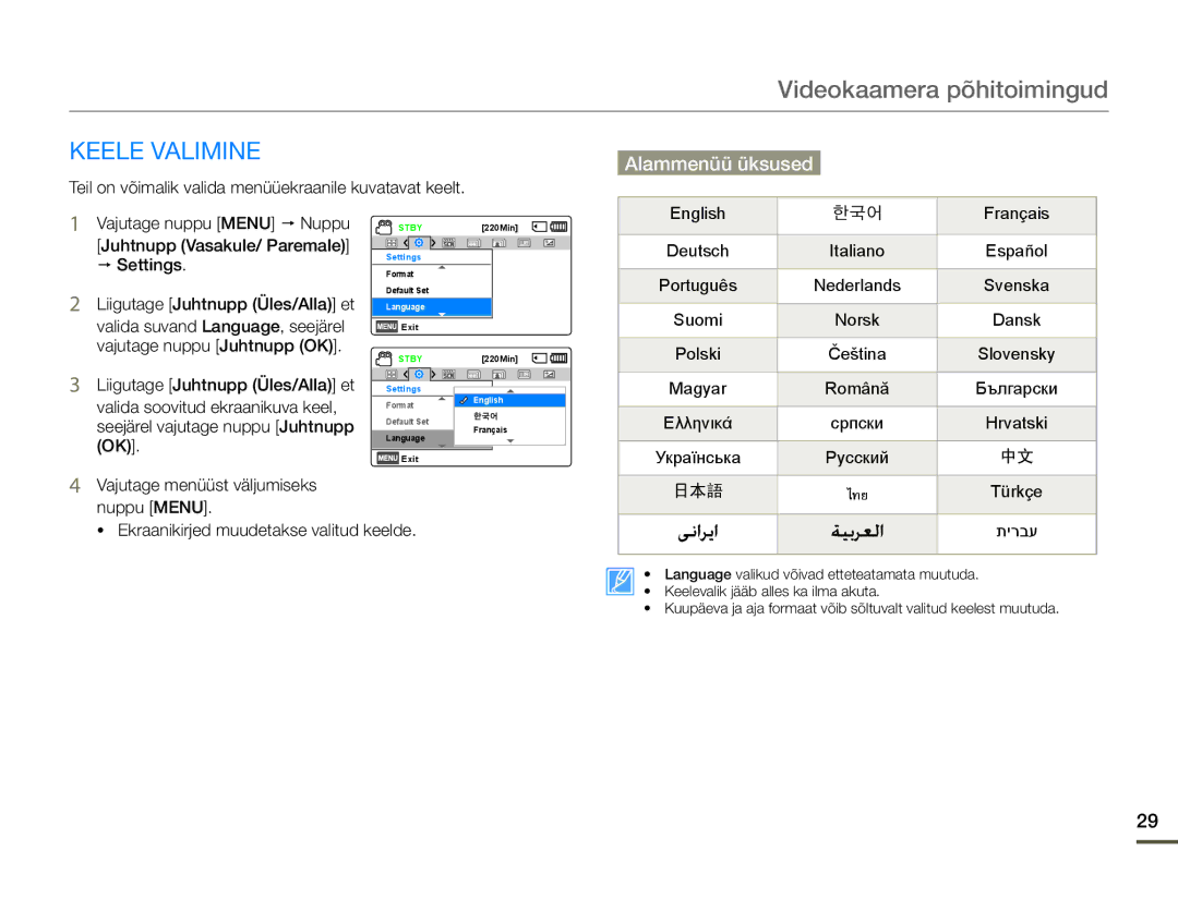 Samsung HMX-F80BP/EDC manual Keele Valimine, Alammenüü üksused, Ęðû 